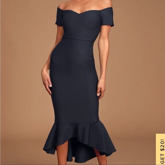 Lulus Dresses & Skirts - Lulu’s How Much I Care Midnight Blue Off-the-Shoulder Midi Dress size small